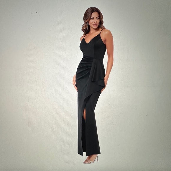 Xscape Women's Sleeveless V-Neck Solid Side Ruffle Gown - Picture 1 of 13